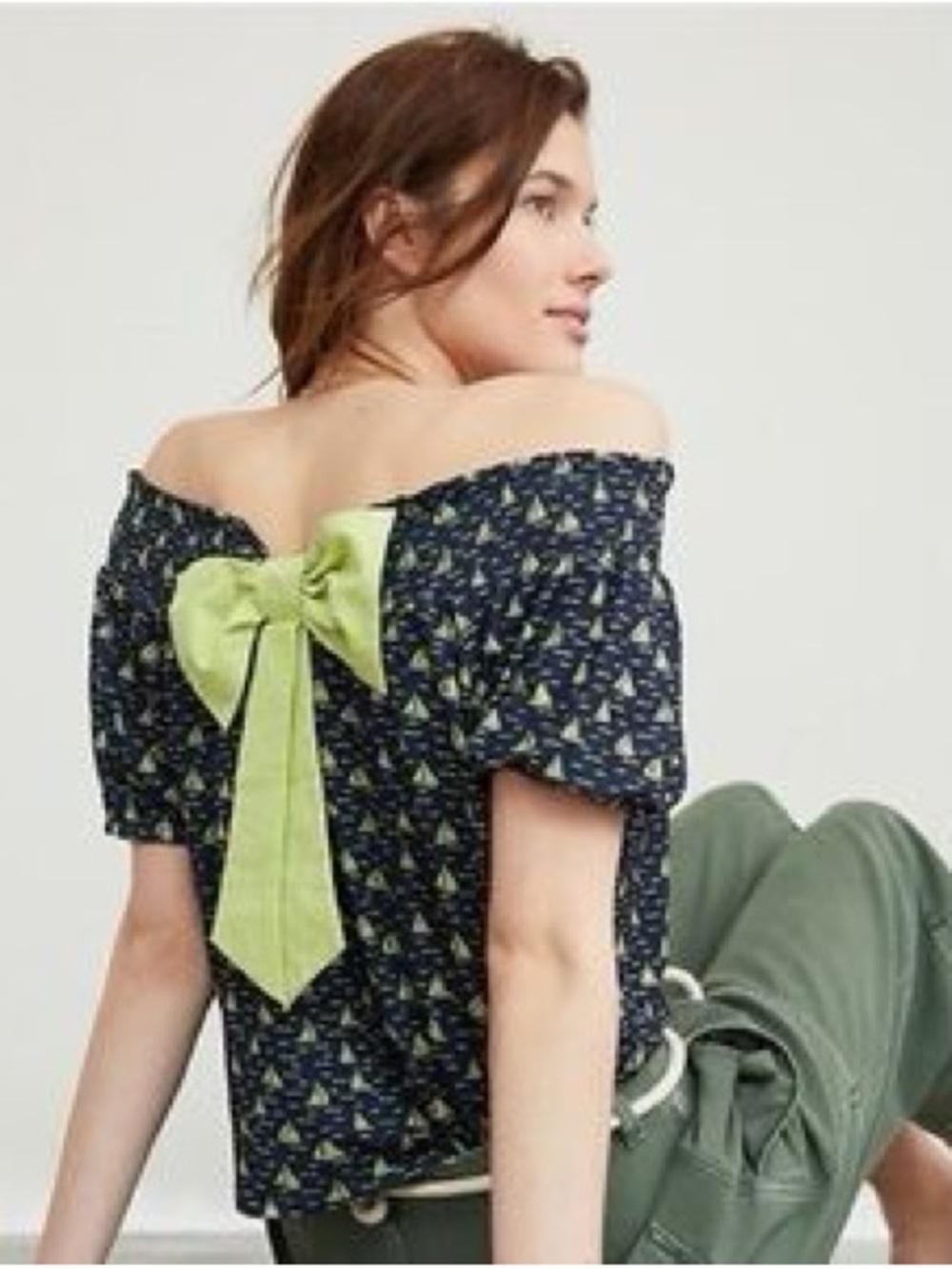 Anthropologie Porridge Navy Off-the-Shoulder Sailboat Print Top With Bow S EUC - Picture 2 of 7